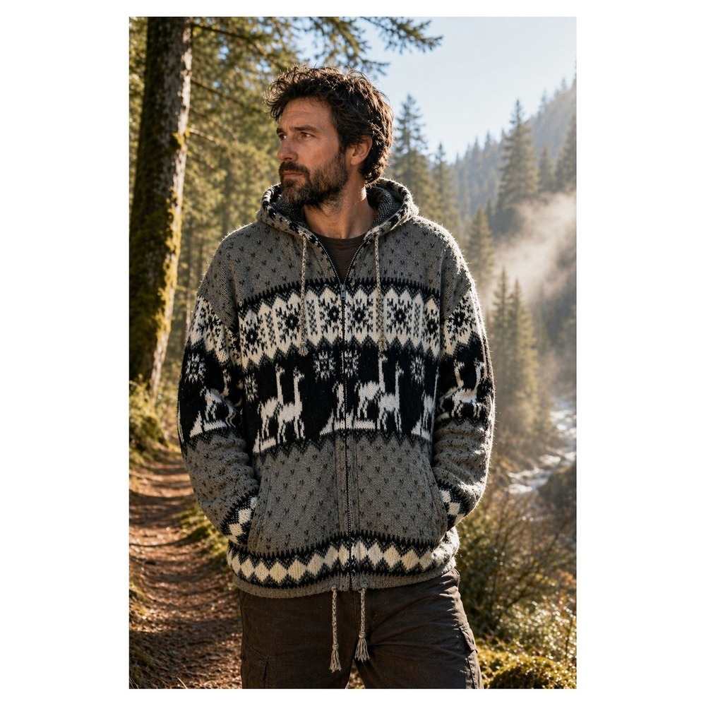 Ecuador Wool Llama Hooded Sweater Jacket Yari Artesanias Men's L